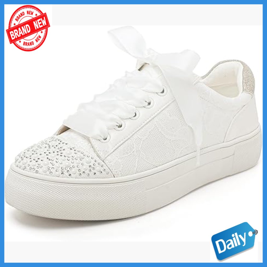 Lace Platform Wedding Sneakers With Rhinestones, 1.46" Heel, Bridal Tennis Shoes